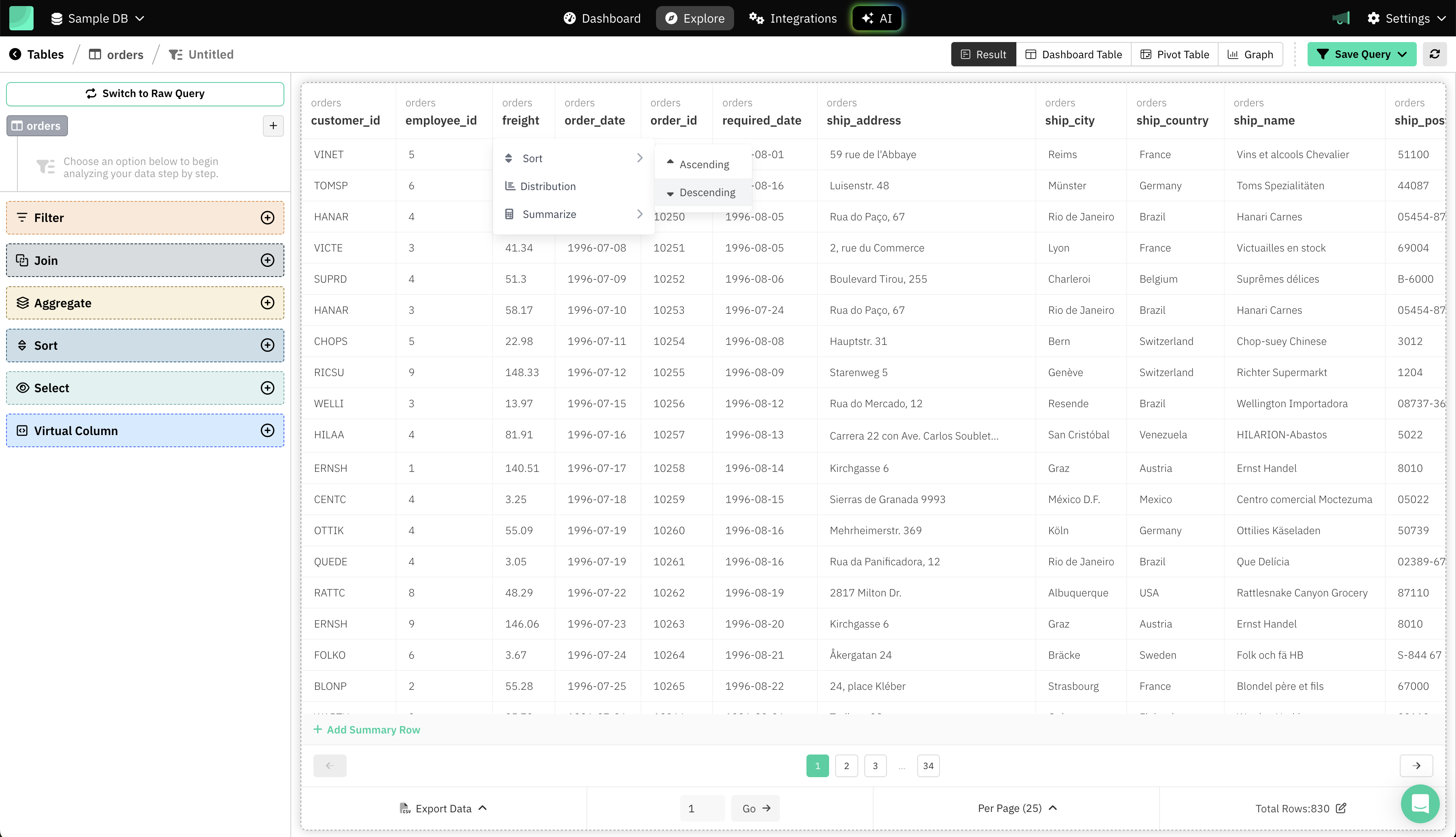 Query Builder > Table Header Sort