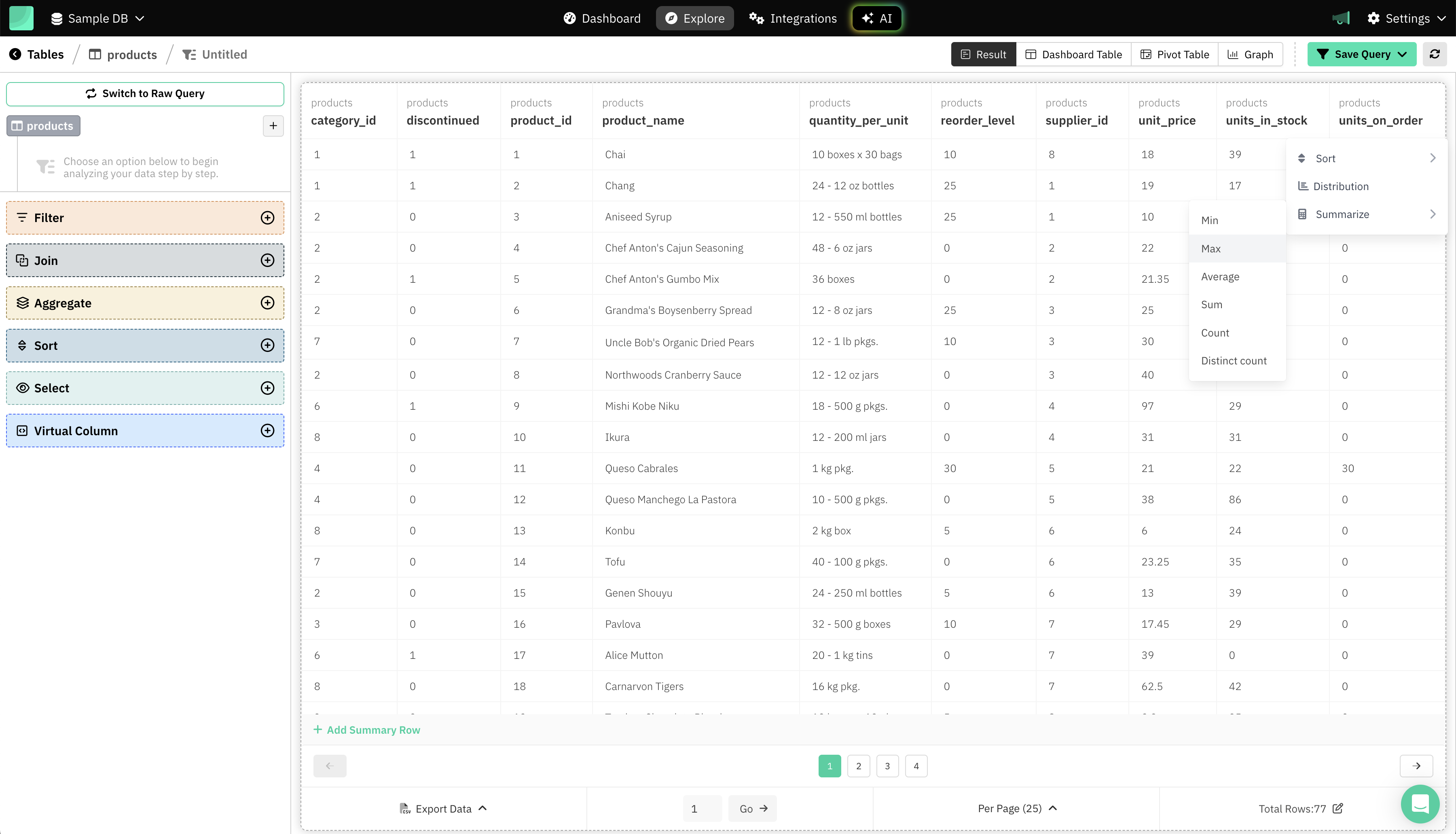 Query Builder > Table Header Summarize